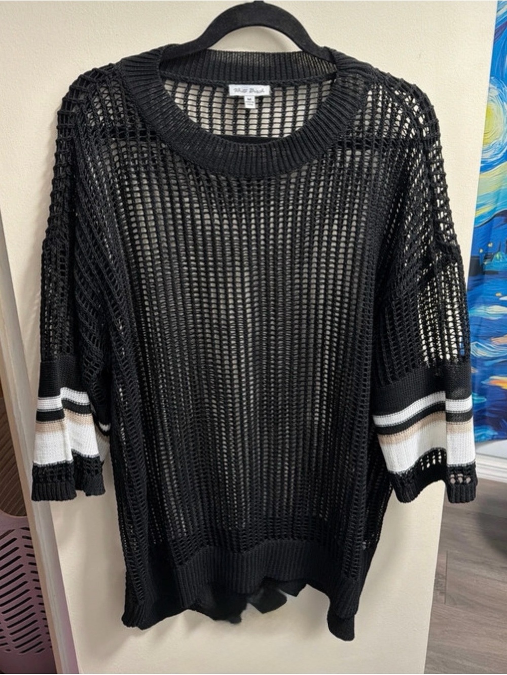 White Birch Black Open-Knit Crew Neck Sweater with White and Tan Sleeve Stripes